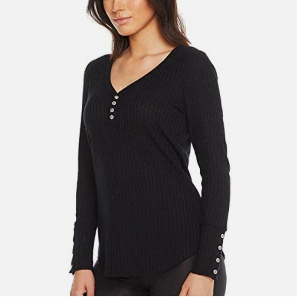 Chaser Womens Black Waffle Knit Henley Button Cuff Long Sleeve Shirt, Small
